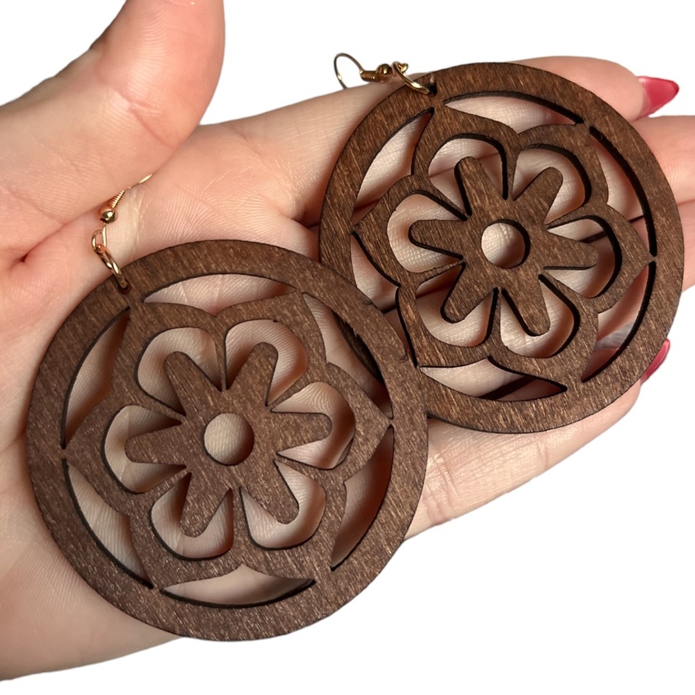 Round Brown Floral Earrings Boho Hippie Laser Cut Wood Ethnic Flower Festival